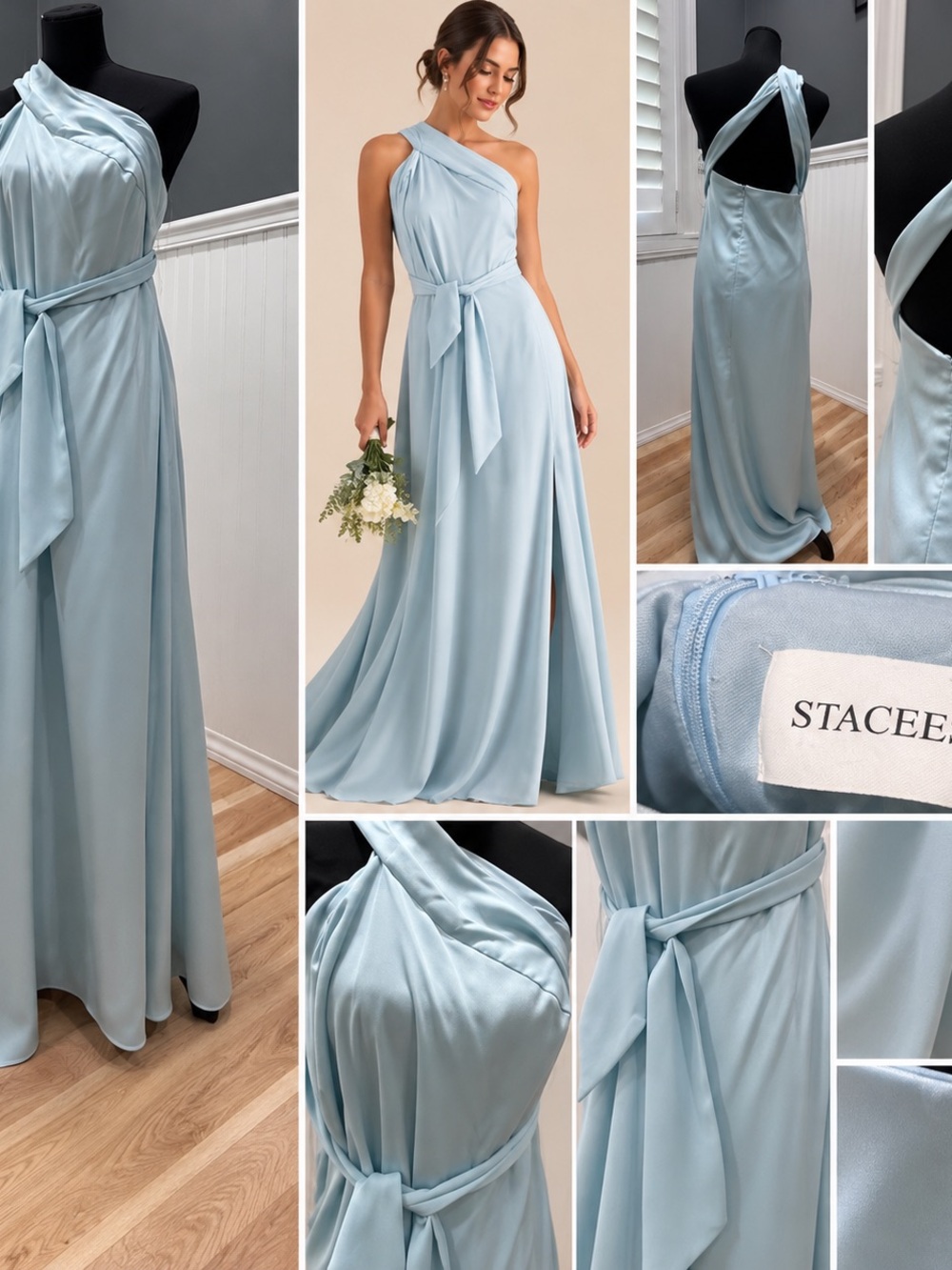 Stacee One-Shoulder Pale Blue Satin Evening Gown